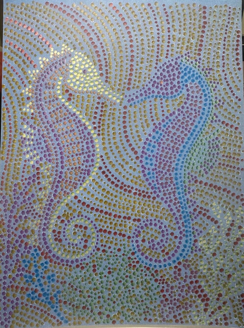 Under the sea  Metallic Ink Seahorse Art. Hand painted dot art